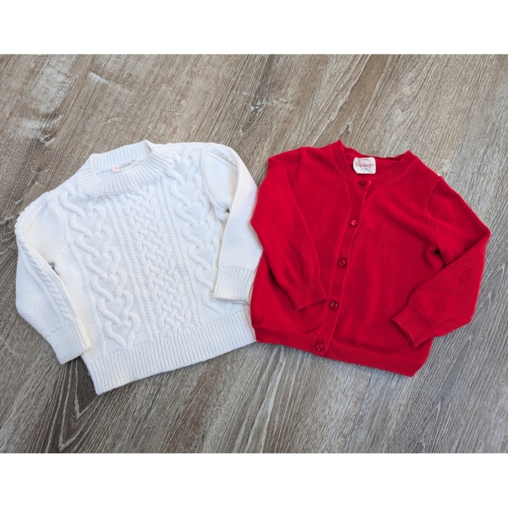 Crewcuts Bundle 2 Cotton Sweaters Off White Cable Knit & Red Cardigan Size 2T